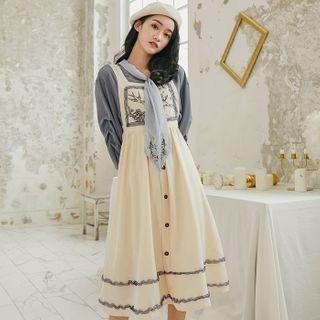 Tie-neck Lantern-sleeve Blouse / Printed Midi Jumper Dress / Set