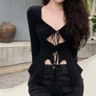 Long-sleeve Strappy Cut-out T-shirt Black - One Size