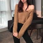 V-neck Cable-knit Sweater Coffee - One Size