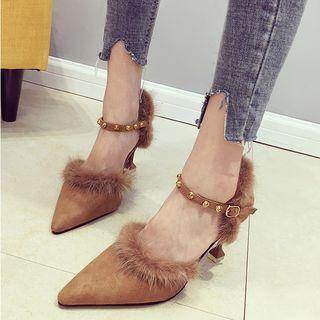 Faux Suede Faux Fur Accent Beaded Ankle Strap High Heel Pumps