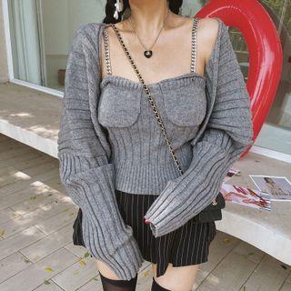 Set: Chain-strap Knit Camisole Top + Ribbed Cardigan