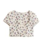 Short-sleeve Double-breasted Floral Cropped Blouse