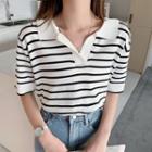 Short Sleeve Striped Polo Knit Top
