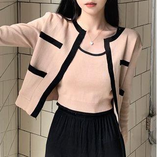 Set: Contrast Trim Cardigan + Tank Top