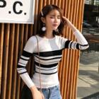 3/4-sleeve Striped Panel Knit Top