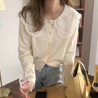 Long-sleeve Collared Cropped Plain Knit Top