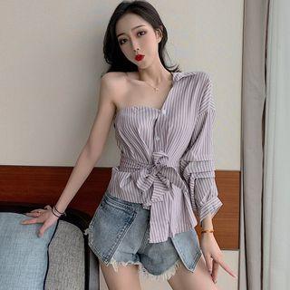Long-sleeve Asymmetric One Shoulder Striped Shirt