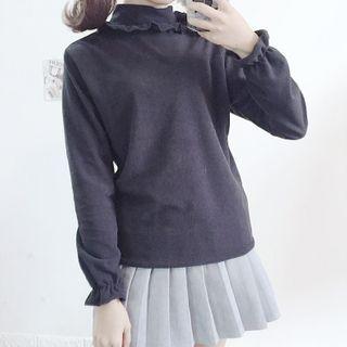 Mock Turtleneck Ruffle Trim Long-sleeve T-shirt
