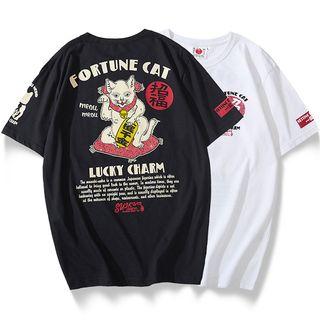 Short-sleeve Cat-print Round Neck T-shirt