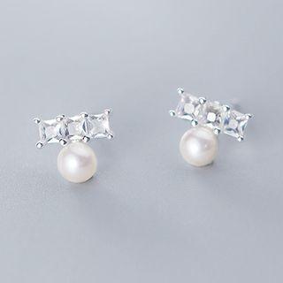 925 Sterling Silver Faux Pearl Rhinestone Stud Earring 1 Pair - One Size