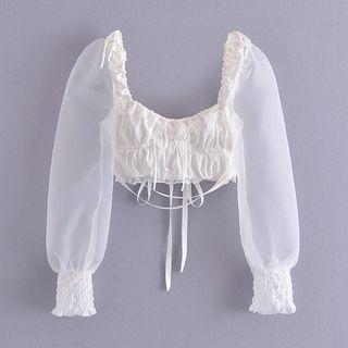 Mesh Panel Tie-strap Cropped Blouse