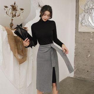 Set: Turtleneck Midi Sheath Dress + Tie-strap Slit Midi Skirt