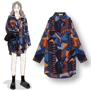 Patterned Shirt Dress Blue - One Size