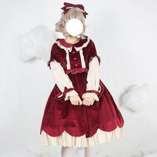 Long-sleeve Velvet A-line Dress / Hairband / Set