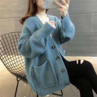 V-neck Fringed Trim Cardigan