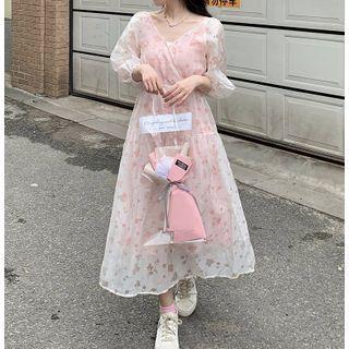 Elbow-sleeve Floral Printed Mesh Dress Floral - One Size