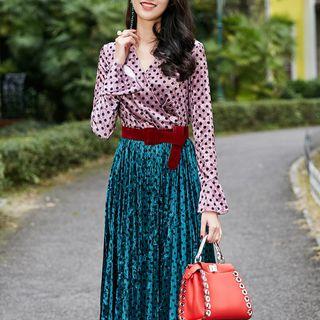 Dotted Color Panel Long Sleeve Midi Dress