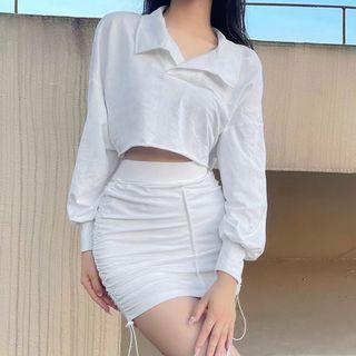 Set: Bishop-sleeve Open-collar Crop Top + Fitted Mini Skirt