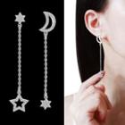 Non-matching Rhinestone Moon & Star Dangle Earring 1 Pair - Sterling Silver Stud - Silver - One Size