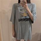 3/4-sleeve Leopard Print T-shirt Gray - One Size