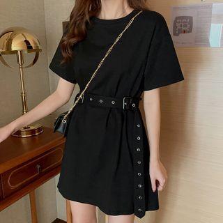 Tie-waist Short-sleeve T-shirt Dress Black - One Size