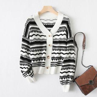 Long-sleeve Buttoned Knit Top Black & White - One Size