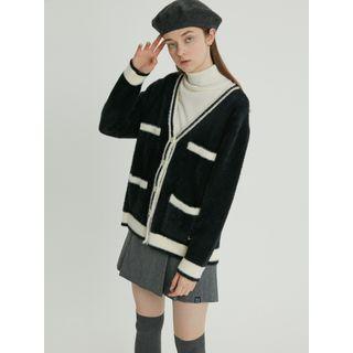Snug Club Contrast-trim Fluffy Cardigan Black - One Size