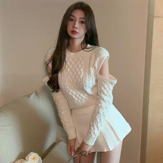 Cut-out Sweater / Pleated Mini A-line Skirt