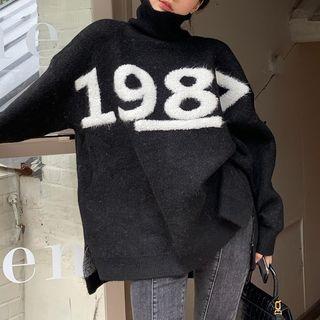 Fluffy Number Print Turtleneck Sweater