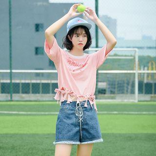 Short-sleeve Lettering Fringed T-shirt