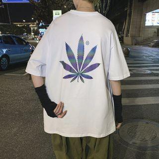 Short-sleeve Reflective Leaf Printed T-shirt