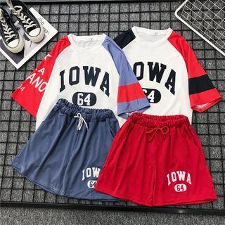 Set: Contrast Color Lettering Short-sleeve T-shirt + Shorts
