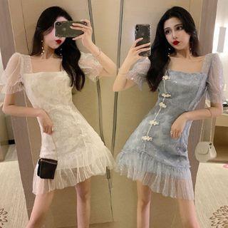 Short-sleeve Glitter Mini A-line Mesh Dress