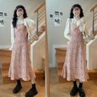 Long-sleeve Plain Lace Top / Corduroy Floral Slipdress