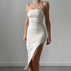 Side-slit Off-shoulder Midi Sheath Dress