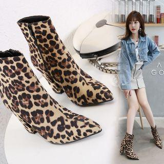 Leopard Pointed Block Heel Short Boots