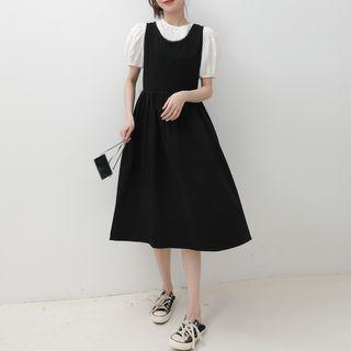 Set: Short-sleeve Top + Midi Overall Dress