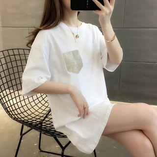 Rhinestone Short-sleeve Long T-shirt