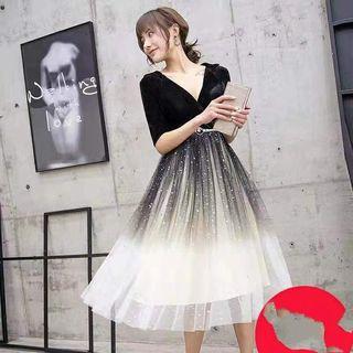 Off Shoulder / Deep V Short Sleeve Gradient Cocktail Dress