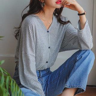 V-neck Stripe Cardigan Navy Blue - One Size
