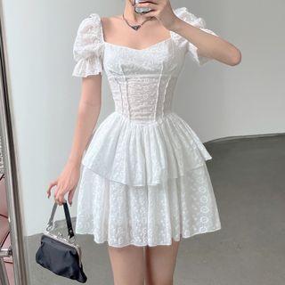 Puff-sleeve Square-neck Floral A-line Layered Dress