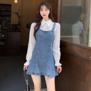Mock Two-piece Denim Panel Mini Shirtdress