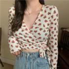 Floral Print Long-sleeve Cropped Wrap Top Floral - One Size