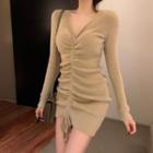 Long-sleeve Ruched Knit Mini Dress