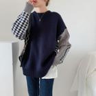 Checkered Cable Knit Sweater Navy Blue - One Size
