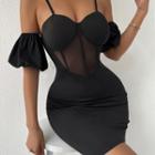 Spaghetti Strap Off-shoulder V-neck Mesh Panel Mini Bodycon Dress