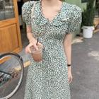 Short-sleeve Floral Print Midi A-line Dress Dark Green & White - One Size