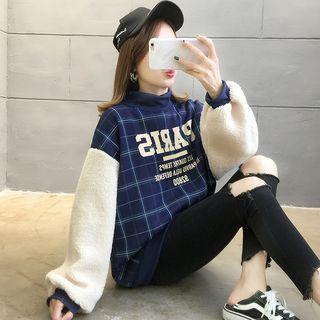 Faux-shearling Panel Plaid Pullover