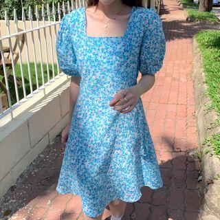 Floral Square-neck Puff-sleeve Wide Skirt