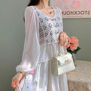 Set: Crochet Knit Blouse + A-line Skirt